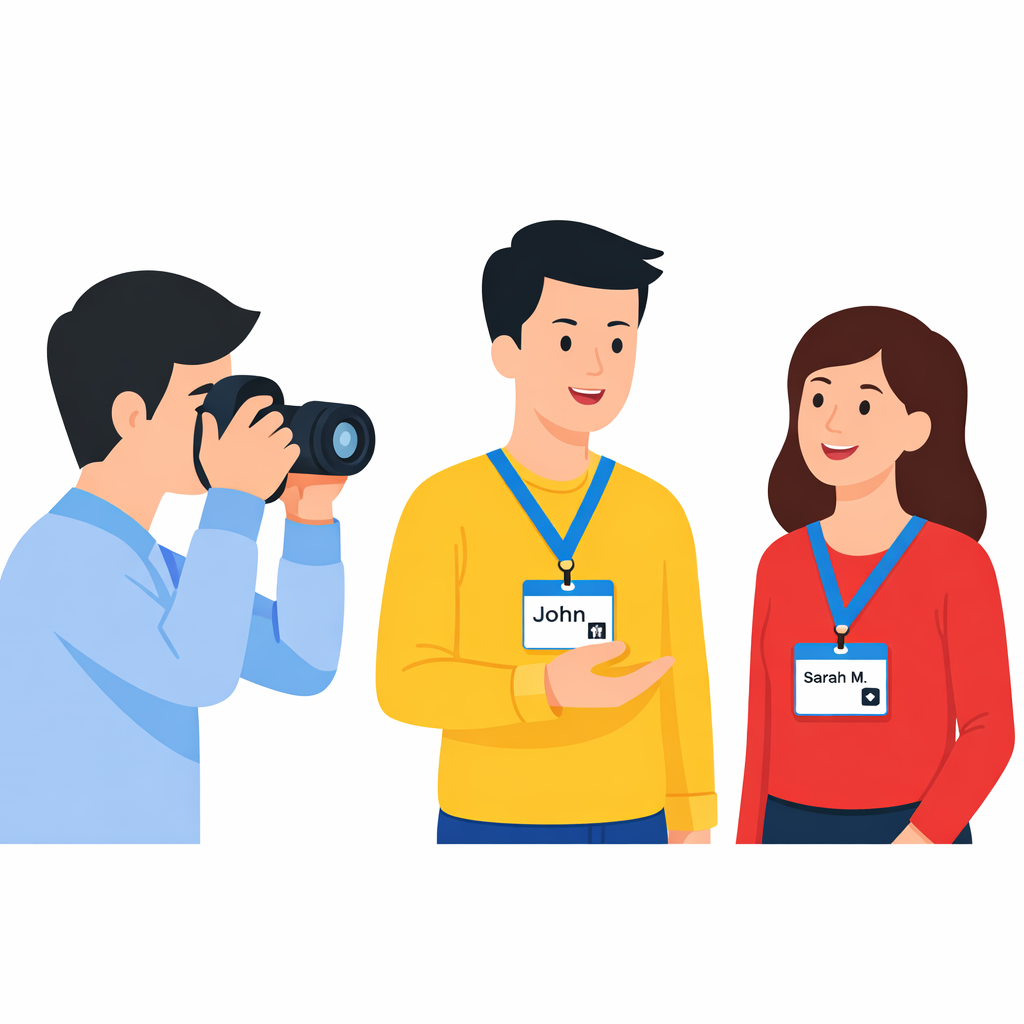 Photographer taking photos of conference attendees wearing badges with Pictag markers